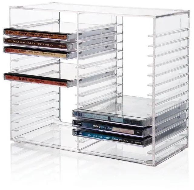 Main image of Stackable Clear Plastic CD Organizer with Rubber Feet | Rectangular Jewel Cases Holder Perfect for Theatre Room | Holds up to 30 CD Cases | Made in USA