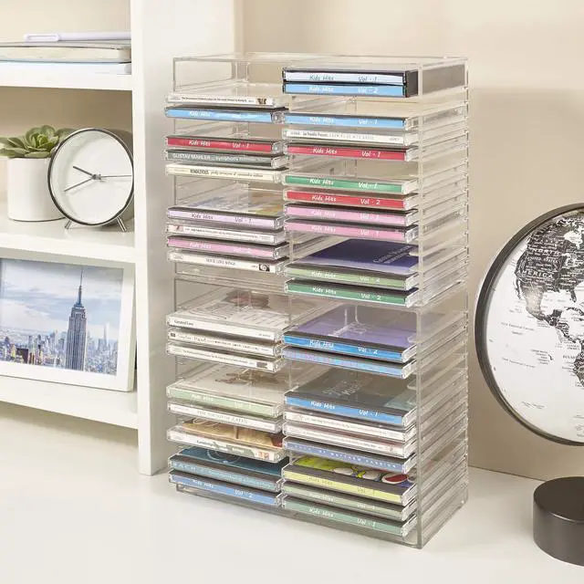 Alt view image 3 of 7 - Stackable Clear Plastic CD Organizer with Rubber Feet | Rectangular Jewel Cases Holder Perfect for Theatre Room | Holds up to 30 CD Cases | Made in USA