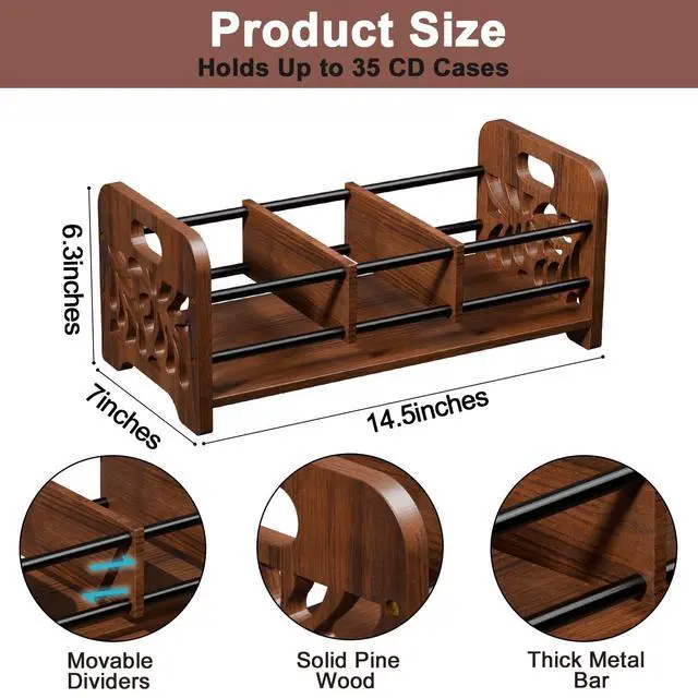 Alt view image 5 of 7 - CD Holder,DVD Holder Storage,Wood CD Rack Organizer,DVD Rack,Cassette Tape Storage with Dividers for CDs, DVDS, Tapes,Video Game Cases, Tape Display Stand, Hold 35Pcs