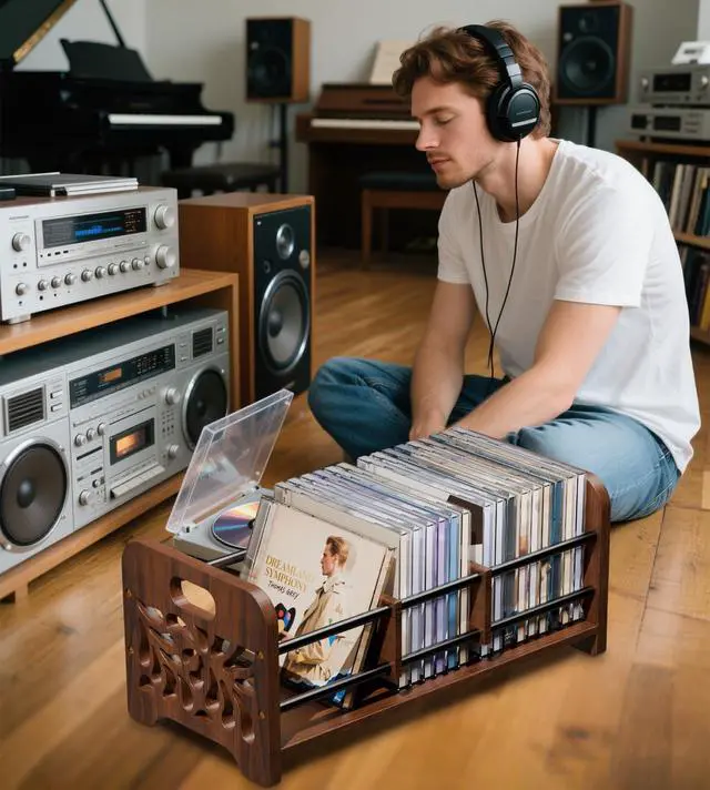 Alt view image 7 of 7 - CD Holder,DVD Holder Storage,Wood CD Rack Organizer,DVD Rack,Cassette Tape Storage with Dividers for CDs, DVDS, Tapes,Video Game Cases, Tape Display Stand, Hold 35Pcs