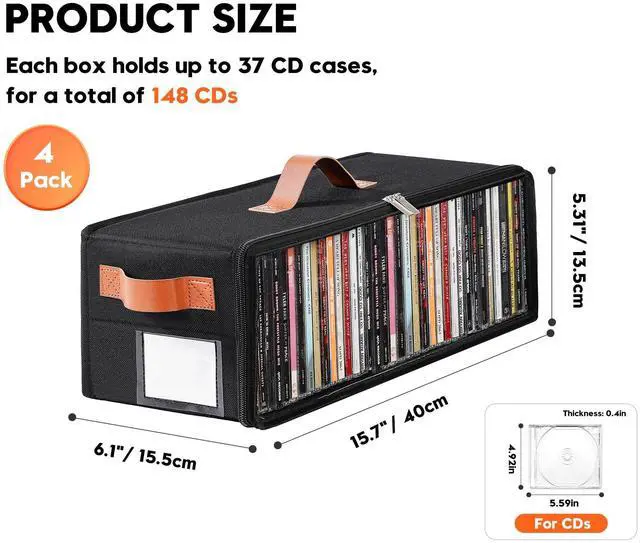 Alt view image 3 of 7 - Clear Front CD Storage Box 4 Pack, Dustproof Zippered CD Case Holder with Top & Side Handles, Stores 140+ Discs Total, See All Disc Titles at a Glance, 15.75 x 6.1 x 5.3in, Black