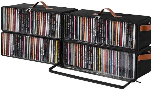 Main image of Clear Front CD Storage Box 4 Pack, Dustproof Zippered CD Case Holder with Top & Side Handles, Stores 140+ Discs Total, See All Disc Titles at a Glance, 15.75 x 6.1 x 5.3in, Black