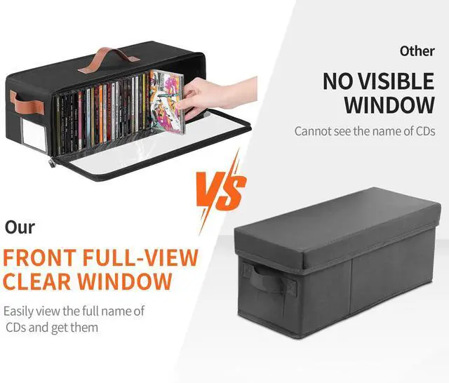 Alt view image 2 of 7 - Clear Front CD Storage Box 4 Pack, Dustproof Zippered CD Case Holder with Top & Side Handles, Stores 140+ Discs Total, See All Disc Titles at a Glance, 15.75 x 6.1 x 5.3in, Black