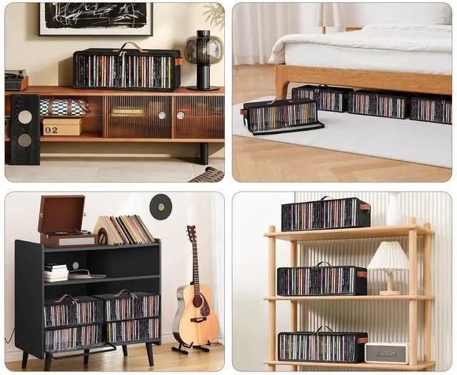 Alt view image 6 of 7 - Clear Front CD Storage Box 4 Pack, Dustproof Zippered CD Case Holder with Top & Side Handles, Stores 140+ Discs Total, See All Disc Titles at a Glance, 15.75 x 6.1 x 5.3in, Black