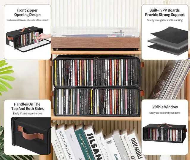 Alt view image 4 of 7 - Clear Front CD Storage Box 4 Pack, Dustproof Zippered CD Case Holder with Top & Side Handles, Stores 140+ Discs Total, See All Disc Titles at a Glance, 15.75 x 6.1 x 5.3in, Black