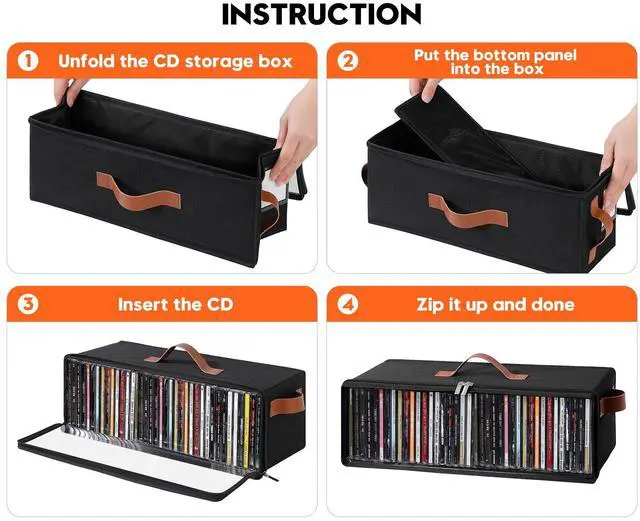 Alt view image 7 of 7 - Clear Front CD Storage Box 4 Pack, Dustproof Zippered CD Case Holder with Top & Side Handles, Stores 140+ Discs Total, See All Disc Titles at a Glance, 15.75 x 6.1 x 5.3in, Black