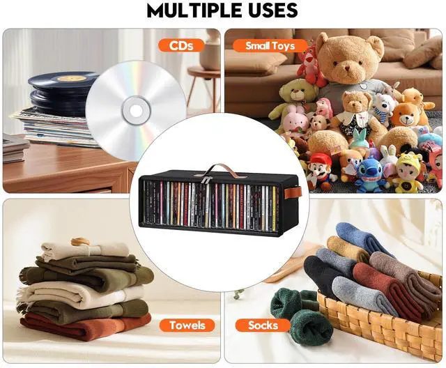 Alt view image 5 of 7 - Clear Front CD Storage Box 4 Pack, Dustproof Zippered CD Case Holder with Top & Side Handles, Stores 140+ Discs Total, See All Disc Titles at a Glance, 15.75 x 6.1 x 5.3in, Black