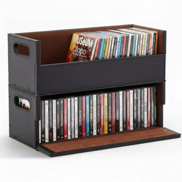 Main image of 2 Set Leather Cd Storage Box Cd Holder Racks Cassette Tape Organizer Display Stand with Carrying Handles Each Store up to 33 Pcs Cds for Movie Cases, Dvds, Video Game Disks, Albums, Books