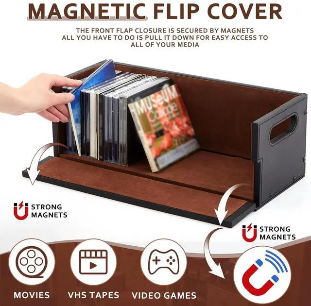 Alt view image 3 of 7 - 2 Set Leather Cd Storage Box Cd Holder Racks Cassette Tape Organizer Display Stand with Carrying Handles Each Store up to 33 Pcs Cds for Movie Cases, Dvds, Video Game Disks, Albums, Books