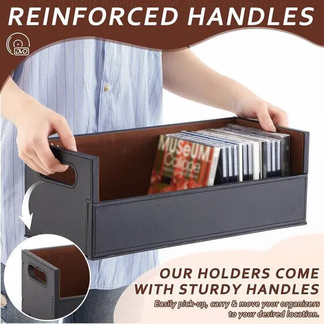 Alt view image 5 of 7 - 2 Set Leather Cd Storage Box Cd Holder Racks Cassette Tape Organizer Display Stand with Carrying Handles Each Store up to 33 Pcs Cds for Movie Cases, Dvds, Video Game Disks, Albums, Books