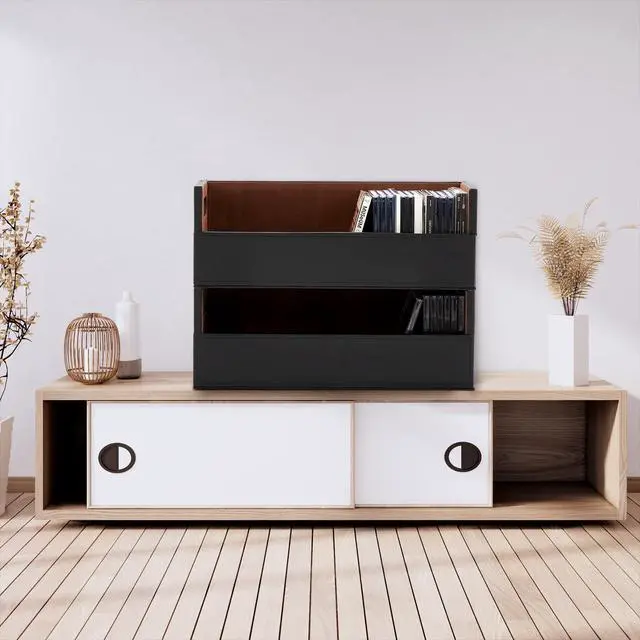 Alt view image 7 of 7 - 2 Set Leather Cd Storage Box Cd Holder Racks Cassette Tape Organizer Display Stand with Carrying Handles Each Store up to 33 Pcs Cds for Movie Cases, Dvds, Video Game Disks, Albums, Books