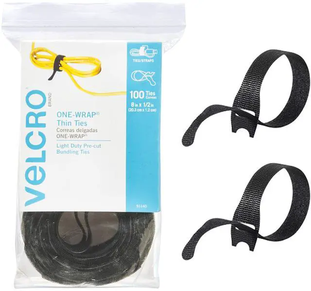 Main image of ONE-WRAP Cable Ties, 100Pk, 8 x 1/2" Black Cord Organization Straps, Thin Pre-Cut Design, Wire Management for Organizing Home, Office and Data Centers