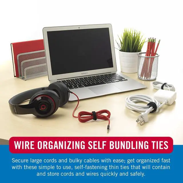 Alt view image 3 of 7 - ONE-WRAP Cable Ties, 100Pk, 8 x 1/2" Black Cord Organization Straps, Thin Pre-Cut Design, Wire Management for Organizing Home, Office and Data Centers