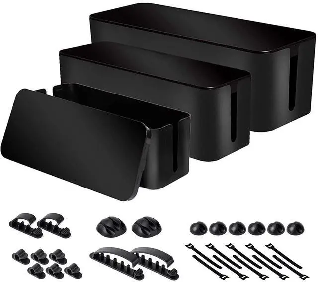 Main image of Cable Organizer Box Set of Three, Power Cover Cord Holder Surge Protector for Desk (Black)