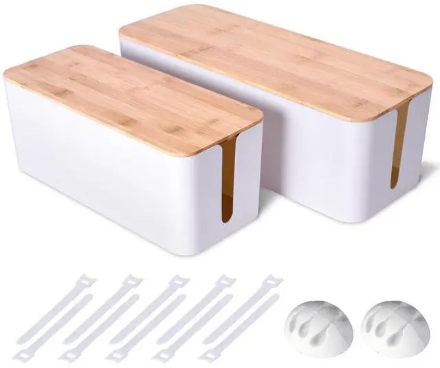 Main image of 2 Pack Large Cable Management Box Wooden Style Cord Organizer and Cover for TV Wires, Computer, Router, USB Hub and Under Desk Power Strip Safe ABS Material and Baby-Pets Proof Lock (White)