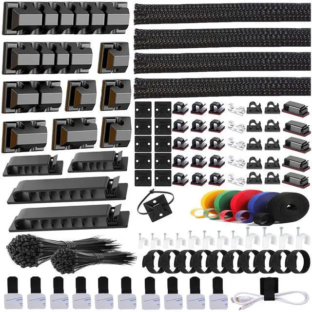 Main image of 327 PCS Cable Management Kit 4 Cable Cable Sleeves,65 Cable Clips with 13Cord Holders,25 Roll Cable Organizer Straps,200 Fastening Cable Ties,20 Cable Zip Tie Mounts for Computer (Black)