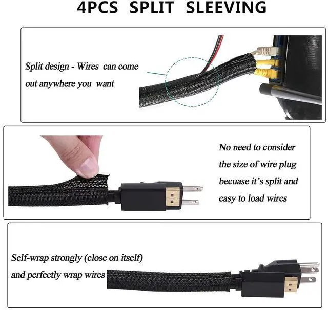 Alt view image 4 of 7 - Cord Management Organizer Kit 4 Cable Sleeve split with 41Self Adhesive Cable Clips Holder, 10pcs and 2 Roll Self Adhesive tie and 100 Fastening Cable Ties for TV Office Car Desk Home