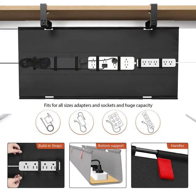 Alt view image 2 of 7 - No Drill Under Desk Cable Management Tray, 36" Cord Organizer for Table, Clamp/Screw Mount Desk Cable Management, Premium Fabric Cable Management Tray for Office, Home