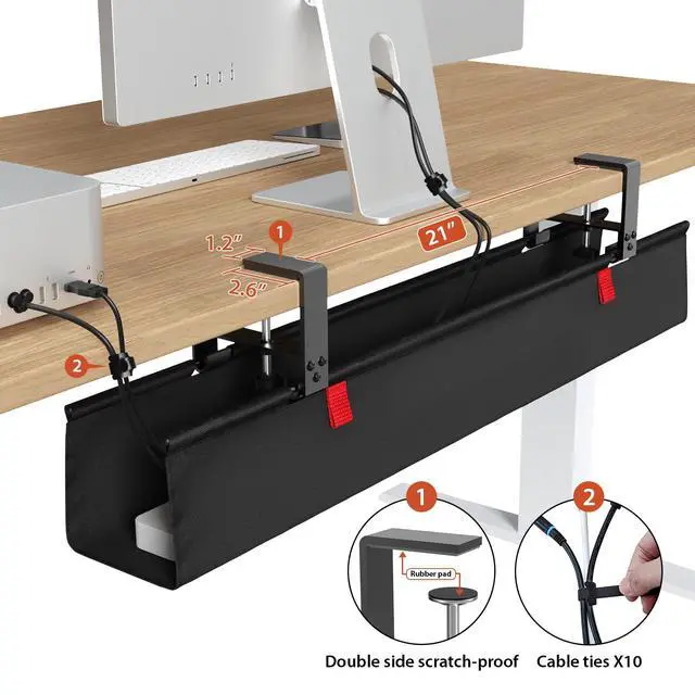 Alt view image 3 of 7 - No Drill Under Desk Cable Management Tray, 36" Cord Organizer for Table, Clamp/Screw Mount Desk Cable Management, Premium Fabric Cable Management Tray for Office, Home