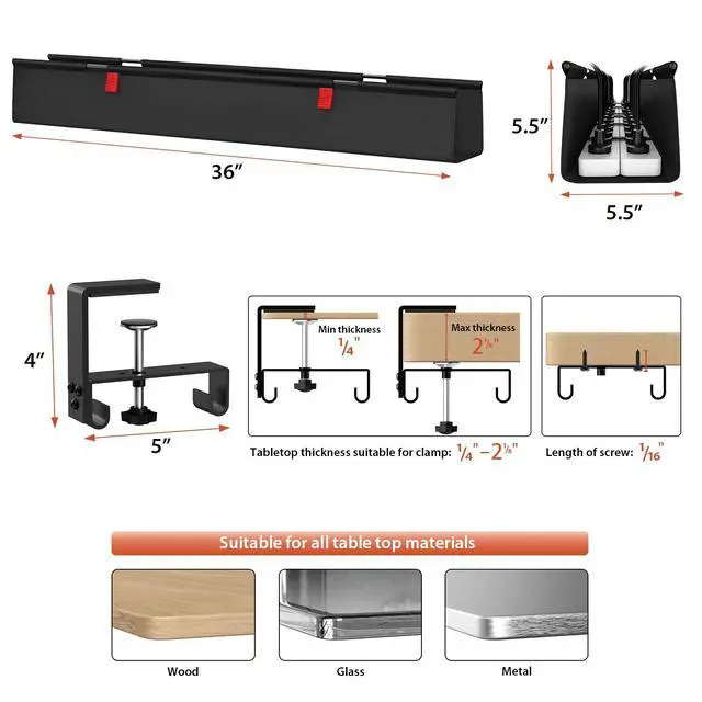 Alt view image 4 of 7 - No Drill Under Desk Cable Management Tray, 36" Cord Organizer for Table, Clamp/Screw Mount Desk Cable Management, Premium Fabric Cable Management Tray for Office, Home