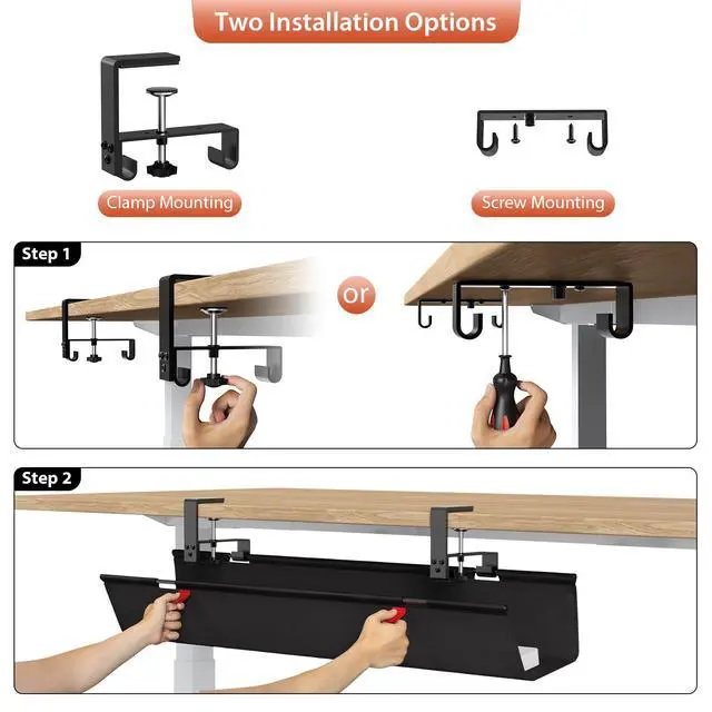 Alt view image 6 of 7 - No Drill Under Desk Cable Management Tray, 36" Cord Organizer for Table, Clamp/Screw Mount Desk Cable Management, Premium Fabric Cable Management Tray for Office, Home