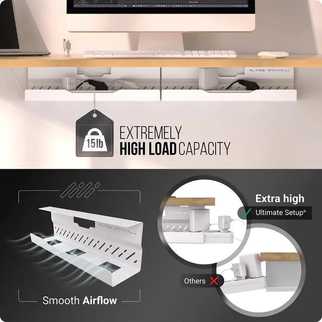 Alt view image 4 of 7 - Under Desk Cable Management Tray no Drill Wire Management - Cord Organizer Huge Load Capacity Under Desk Cable Tray no Drill (White, 2 Pieces Set)