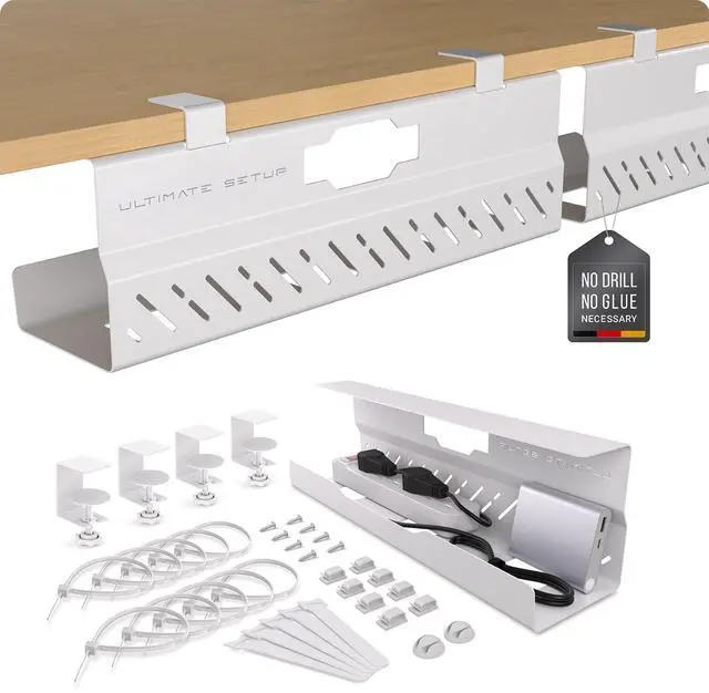 Main image of Under Desk Cable Management Tray no Drill Wire Management - Cord Organizer Huge Load Capacity Under Desk Cable Tray no Drill (White, 2 Pieces Set)