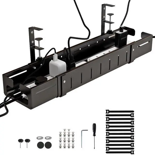 Alt view image 2 of 7 - Under Desk Cable Management Tray, Expandable Length 25.2"-38.6",No Drill No Damage to Desk,Cable Tray with Clamp for with Wire Management,for Cord Organizer for Home Office Standing Desk, Black