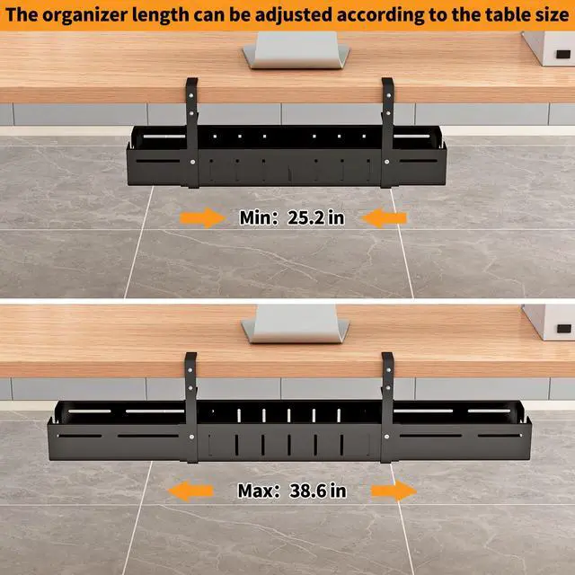 Alt view image 3 of 7 - Under Desk Cable Management Tray, Expandable Length 25.2"-38.6",No Drill No Damage to Desk,Cable Tray with Clamp for with Wire Management,for Cord Organizer for Home Office Standing Desk, Black