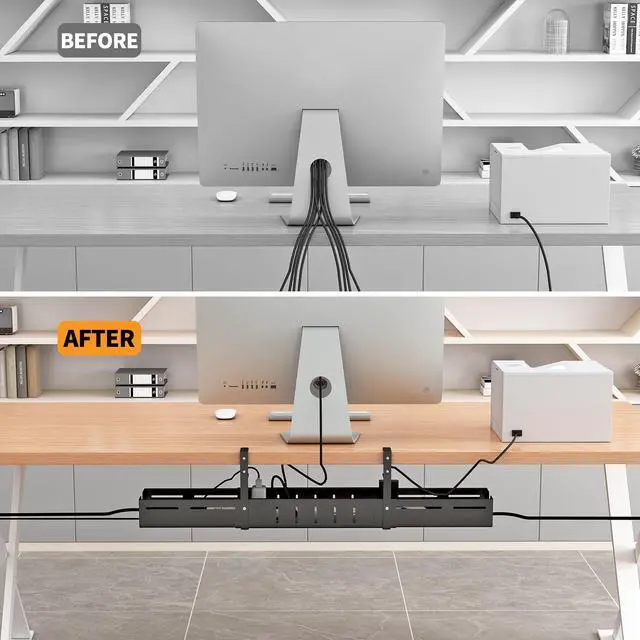 Alt view image 6 of 7 - Under Desk Cable Management Tray, Expandable Length 25.2"-38.6",No Drill No Damage to Desk,Cable Tray with Clamp for with Wire Management,for Cord Organizer for Home Office Standing Desk, Black