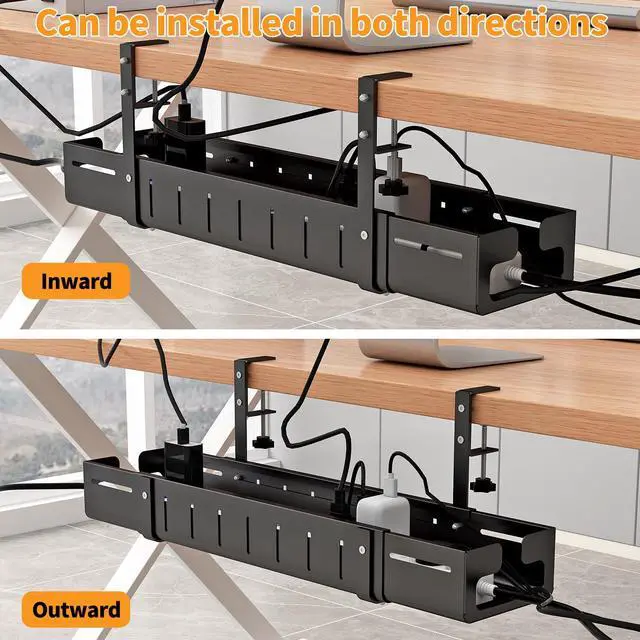 Alt view image 4 of 7 - Under Desk Cable Management Tray, Expandable Length 25.2"-38.6",No Drill No Damage to Desk,Cable Tray with Clamp for with Wire Management,for Cord Organizer for Home Office Standing Desk, Black