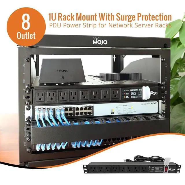 Alt view image 3 of 6 - 1U Rack-Mount Horizontal 8-Outlet Power Strip UL Listed PDU with Surge Protection LED Indicators 6ft Cord Power Distribution for IT and Network Server Racks