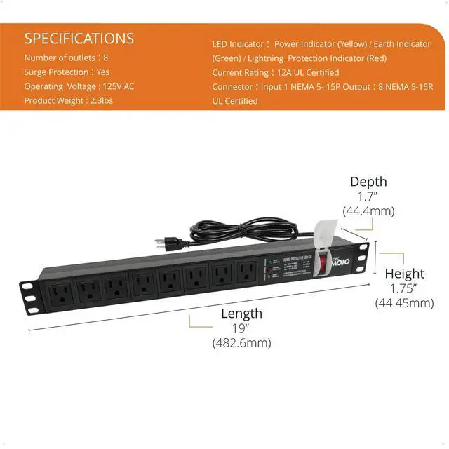 Alt view image 2 of 6 - 1U Rack-Mount Horizontal 8-Outlet Power Strip UL Listed PDU with Surge Protection LED Indicators 6ft Cord Power Distribution for IT and Network Server Racks