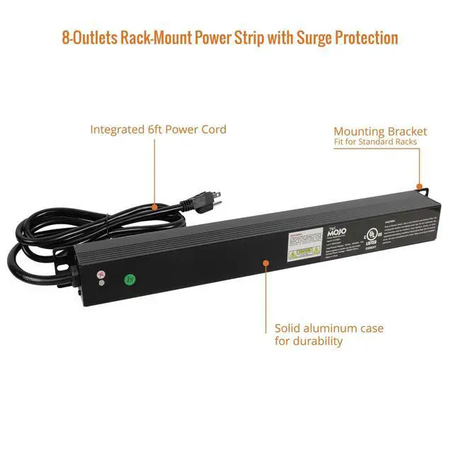 Alt view image 4 of 6 - 1U Rack-Mount Horizontal 8-Outlet Power Strip UL Listed PDU with Surge Protection LED Indicators 6ft Cord Power Distribution for IT and Network Server Racks