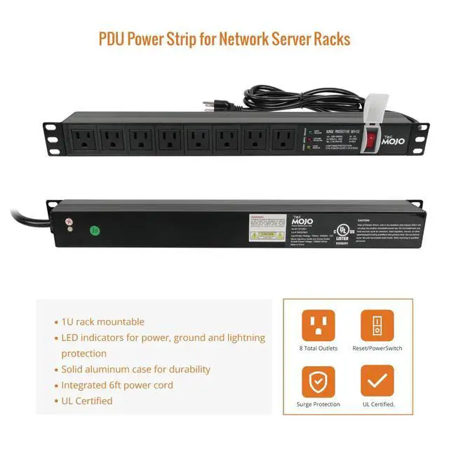 Alt view image 6 of 6 - 1U Rack-Mount Horizontal 8-Outlet Power Strip UL Listed PDU with Surge Protection LED Indicators 6ft Cord Power Distribution for IT and Network Server Racks