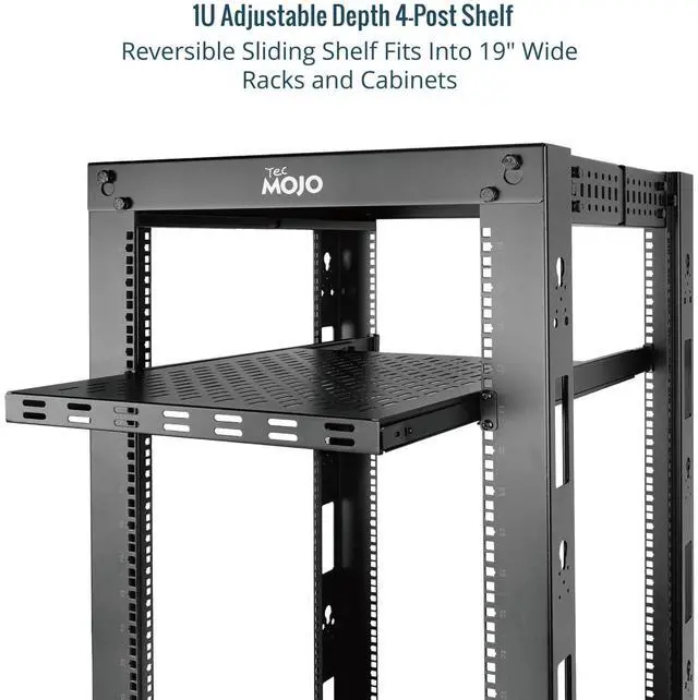 Alt view image 4 of 6 - 1U Sliding Rack Shelf,4-Post Vented Rack Mount Shelf,13.8in Deep with Adjustable Mounting Depth 13.8-19.7in,Supports to 110lbs,for 19 Inch AV/Network Equipment Rack,Unassembled,Black