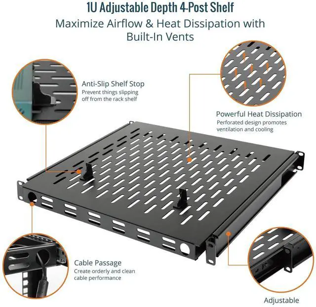 Alt view image 5 of 6 - 1U Sliding Rack Shelf,4-Post Vented Rack Mount Shelf,13.8in Deep with Adjustable Mounting Depth 13.8-19.7in,Supports to 110lbs,for 19 Inch AV/Network Equipment Rack,Unassembled,Black