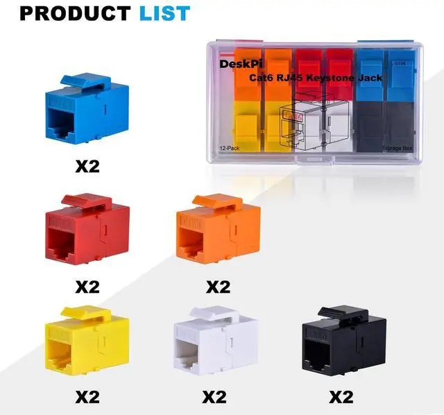 Alt view image 7 of 7 - 12-Pack Cat6 RJ45 Keystone Jack Insert, Ethernet Keystone Jack for Patch Panel, Multicolor