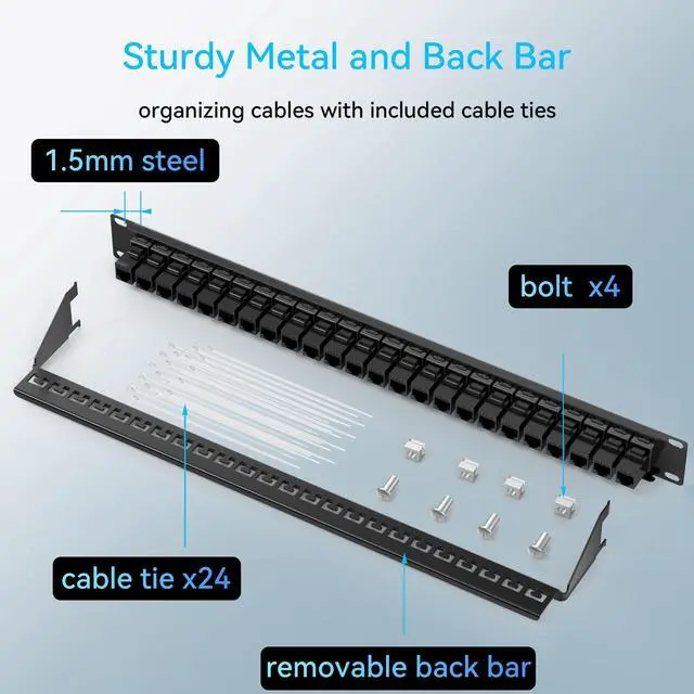 Alt view image 6 of 6 - Patch Panel 24 Port Cat6 with Coupler Keystone, Cat6 Network Patch Panel 10G No Punch Down, Time-Saver Ethernet 1U Rj45 Panel with Sturdy Back Bar, 19 Inch Coupler Network Panel