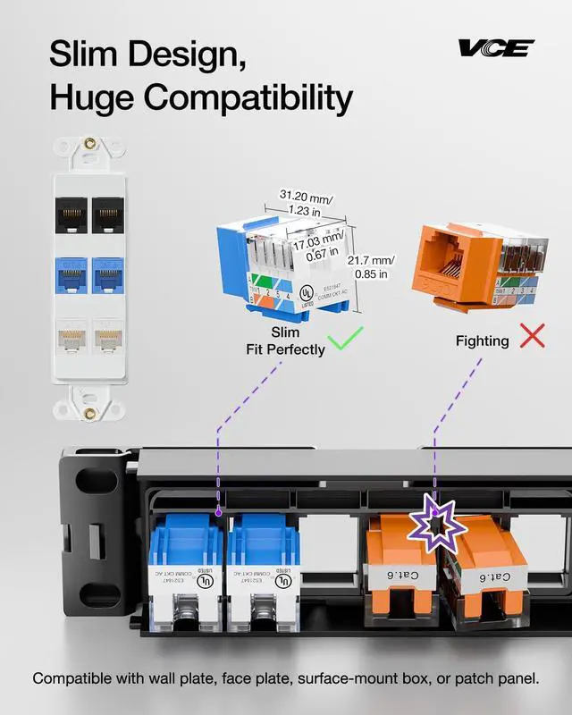 Alt view image 5 of 7 - UL Listed 10Gbps Cat6 Keystone Jack Insert 25-Pack, 90 Degree Punch Down RJ45 Keystone Jack Adapter Slim Profile Blue