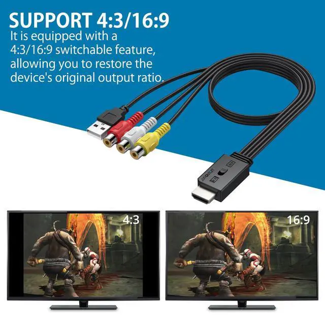 Alt view image 5 of 7 - RCA to HDMI Converter with Aspect Ratio Switch (4:3/16:9), 1080P/720P AV to HDMI Composite CVBS Video Audio Adapter Supports PAL/NTSC for Wii/N64/PS2