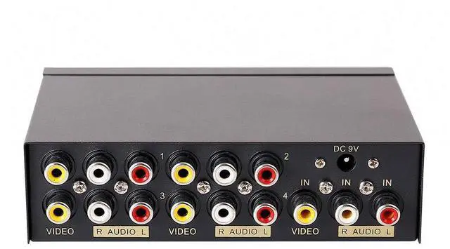 Main image of Powered 4 Way 3 RCA Splitter Box 1 in 4 Out Composite Video Audio Distribution Duplicator with Power Adapter Compatible with Gaming Console to TV Projector Video Capture Card
