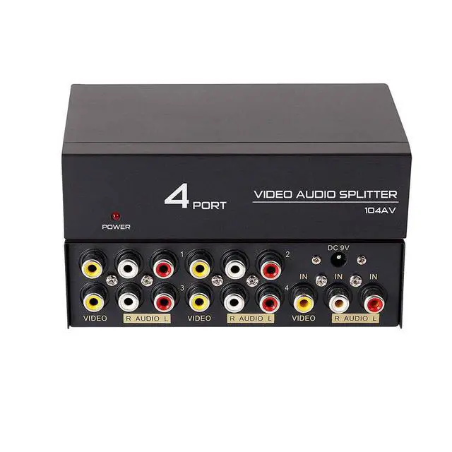 Alt view image 6 of 7 - Powered 4 Way 3 RCA Splitter Box 1 in 4 Out Composite Video Audio Distribution Duplicator with Power Adapter Compatible with Gaming Console to TV Projector Video Capture Card