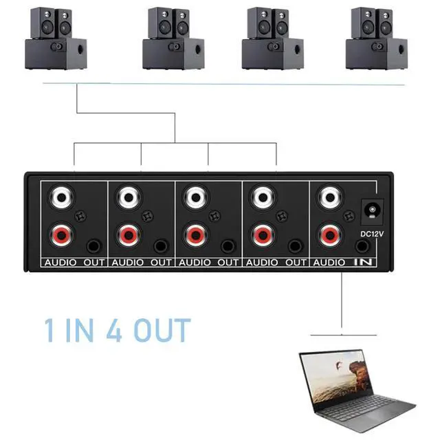 Alt view image 2 of 7 - 3.5mm Aux + RCA L/R Audio Splitter 1 in 4 Out, 4-Way Stereo Audio Distributor Box 4-Channel Stereo RCA Splitter 1x4 for DVD Player, Game Console, Headphones, Speaker - w/Power
