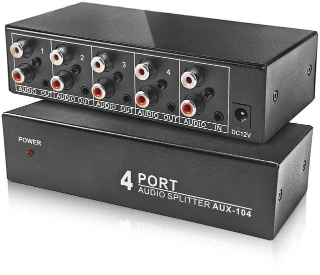 Main image of 3.5mm Aux + RCA L/R Audio Splitter 1 in 4 Out, 4-Way Stereo Audio Distributor Box 4-Channel Stereo RCA Splitter 1x4 for DVD Player, Game Console, Headphones, Speaker - w/Power