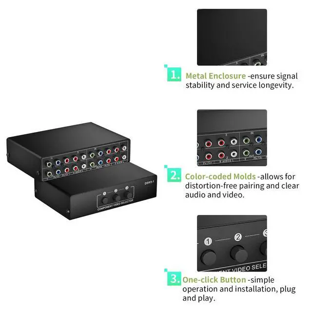 Alt view image 4 of 7 - Component AV Video Switch Box 3 in 1 Out, 3 Port 5 RCA YPbPr Cable RGB Component AV Switcher Selector Converter 3-Way Plug & Play for Retro Gaming PS2 Wii Xbox DVD Player TV