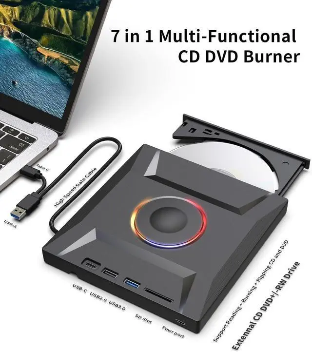 Alt view image 7 of 7 - External CD DVD Drive,7 in 1 USB 3.0 and Type-C Disc Reader Writer Burner Player,Slim and Portable CD DVD +/-RW Optical Drive for PC Laptop Desktop MacBook Mac Windows Linux OS Apple (7 in 1)
