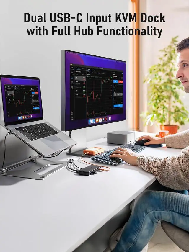 Alt view image 4 of 7 - USB C KVM Switch, 2 Computer Sharing 4K@60Hz HDMI Monitor, 100W PD Fast Charging, 3×USB-A 2.0 + 1×USB-C 2.0 Data Ports, 3.5mm Audio for Windows/Mac/Linux