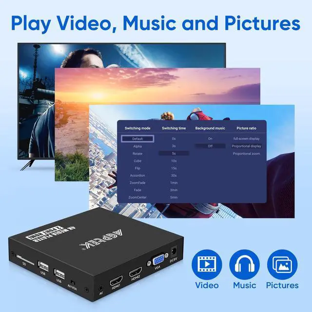 Alt view image 5 of 7 - 4K@30Hz Media Player with Dual HDMI, AV/VGA Output, 4K HDMI Splitter, Digital MP4 Player for 14TB HDD/512G USB/256G SD Card/H.265 MP4, Remote Control for MP3 AVI