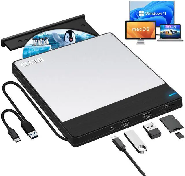 Main image of External CD Drive for Laptop: USB 3.0 & USB-C DVD Player Burner Reader for Mac PC Windows 11 with SD/TF/2 USB Ports Portable +/-RW Optical Drive for Apple MacBook